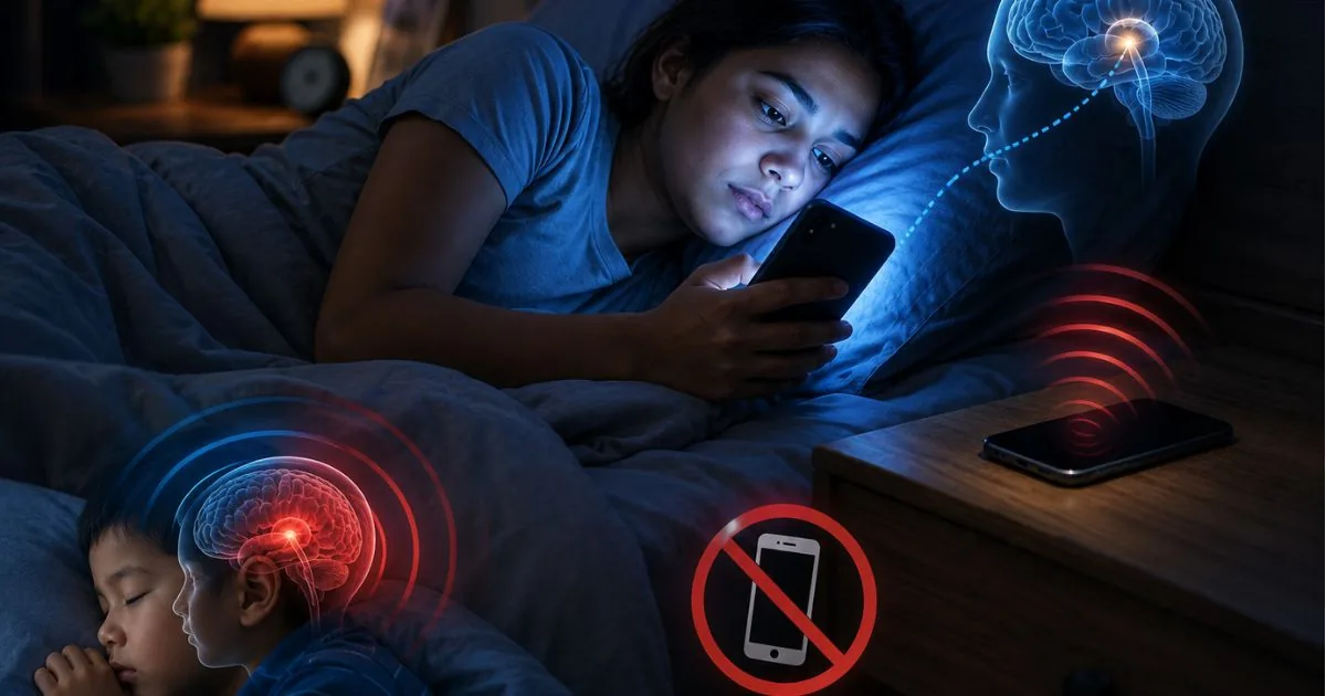 Using mobile phones before bed exposes you to harmful blue light that disrupts melatonin production and sleep cycles Using mobile phones before bed exposes you to harmful blue light that disrupts melatonin production and sleep cycles